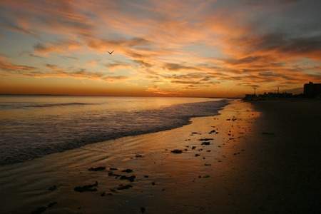 Beautiful red sunset, beach, New York, Brighton Beachの写真素材