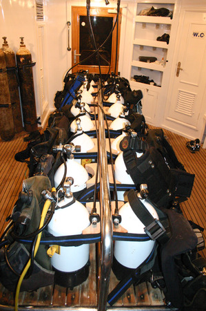 Air tanks to diver's boat, Red Seaの写真素材