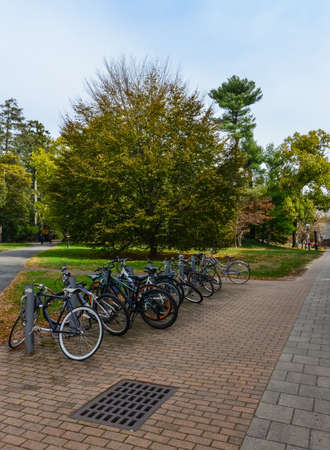 PRINCETON, NJ USA - NOVENBER 12, 2019: students bicycles near the educational building of Princeton University. Ivy League College Building, Princeton University, NJ USAのeditorial素材
