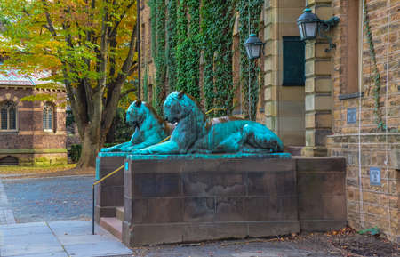 PRINCETON, NJ USA - NOVENBER 12, 2019: The twin tiger statues at the entrance of Nassau Hall on the campus of Princeton University in Princeton, New Jerseyのeditorial素材