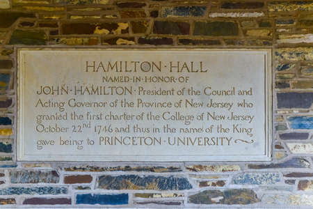 PRINCETON, NJ USA - NOVENBER 12, 2019: Hamilton Hall information plate on the walls of the educational building at Princeton University. New jerseyのeditorial素材