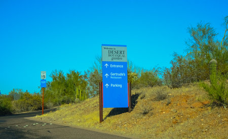 USA, PHOENIX, ARIZONA- NOVEMBER 17, 2019: "Welcome to Desert Botanical Garden" information plate in the city of Phoenix, Arizona USAのeditorial素材