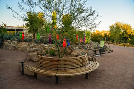 USA, PHOENIX, ARIZONA- NOVEMBER 17, 2019: multi-colored plastic animal figures among cacti of different species in the botanical garden of the Phoenix, Arizonaのeditorial素材