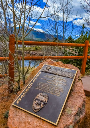 Colorado, USA - MAY 05, 2018: - commemorative information sign on the snowy slope of the Pikes Peak Mountains, Colorado, USAのeditorial素材