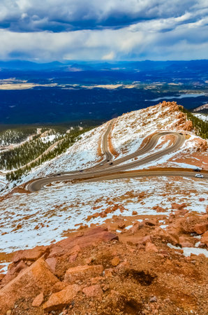 Winding road, serpentine in the mountains up to the Pikes Peak Mountain, Colorado, USA