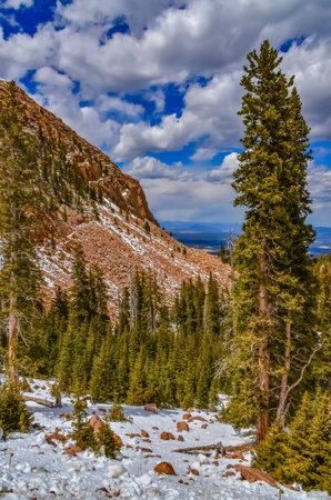 Mountains in winter, snow-covered slopes of Pikes Peak mountains, Colorado, USA