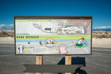 USA, NEW MEXICO - NOVEMBER 23, 2019: information board with inscription RARE WONDER in White Sands National Monument in New Mexico, USAのeditorial素材