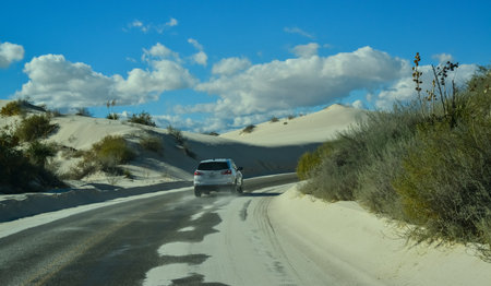 USA, NEW MEXICO - NOVEMBER 23, 2019: car rides the harms of sand dunes from gypsum to White Sands National Monument, New Mexico, USAのeditorial素材
