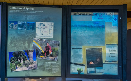 CALIFORNIA, USA - NOVEMBER 26, 2019: informational posters Cottonwood Spring in the visitor center, Arizonaのeditorial素材