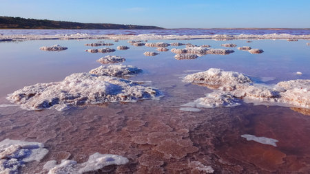 Kuyalnik estuary, Black Sea. Self-precipitating salt at the bottom and bank of the estuary. table...