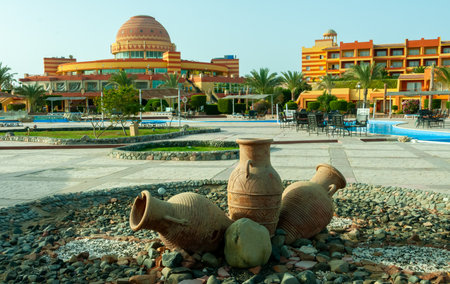EGYPT, MARS ALAMA - FEBRUARY 27, 2019: large clay jugs in the interior of the courtyard of a hotel in Egypt, Marsa Alamのeditorial素材