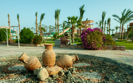 EGYPT, MARS ALAMA - FEBRUARY 27, 2019: large clay jugs in the interior of the courtyard of a hotel in Egypt, Marsa Alamのeditorial素材