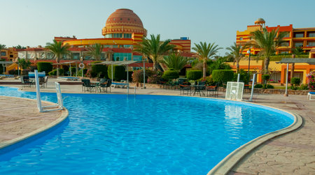 EGYPT, MARSA ALAM - FEBRUARY 26, 2019: swimming pool with a blue bottom and clear water in the interior of a hotel complex on the Red Sea coastのeditorial素材