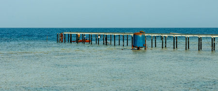 Pier for diving over a coral reef near the shore in the Red Seaの写真素材