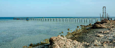 Pier for diving over a coral reef near the shore in the Red Seaの写真素材