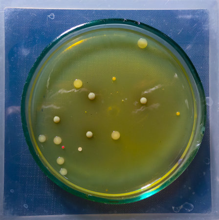 Colonies of pathogenic bacteria in a Petri dish, microbiological studiesの写真素材