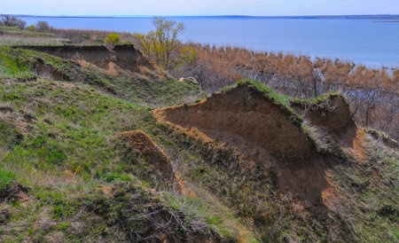 Lake Yalpug erosion clay shore, gullies and coastal collapses, Ukraineの写真素材