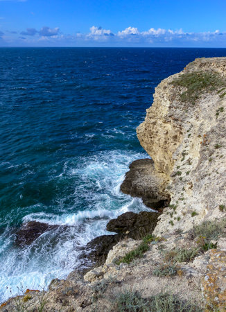 High steep stone coast during a storm in the Crimea, Tarkhankutの写真素材