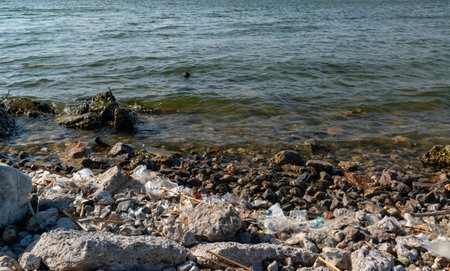Plastic garbage and microplastics on the shore of Khadzhibey Estuary, environmental problem of the reservoir, nature pollutionの写真素材