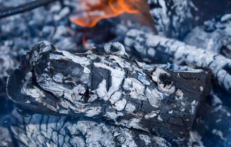 Firewood burning in the brazier, smoldering log coalsの写真素材