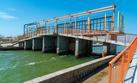 UKRAINE, KOBLEVO - MAY 01, 2021: Hydraulic structure, locks on an artificial canal in the Tiligul estuary, southern Ukraineのeditorial素材