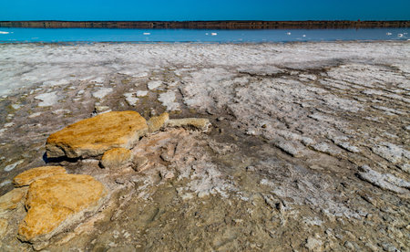 Hyperhaline Kuyalnik estuary. Crystals of self-settling (table) salt sodium chloride at the bottom...