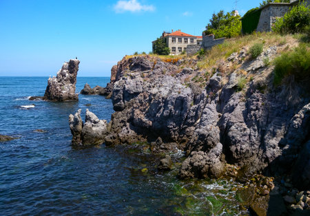 BULGARIA, SOZOPOL - AUGUST 26, 2014: abandoned knowledge of the maritime school near the shore of the Black Sea near Sozopol, Bulgariaのeditorial素材