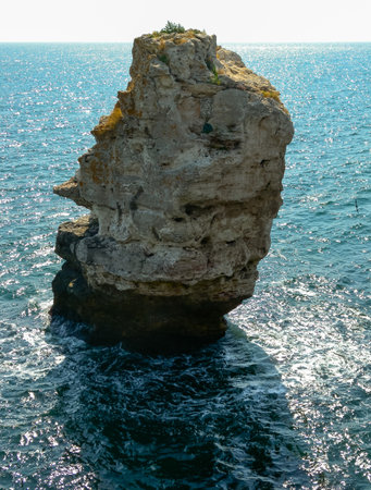 High impregnable rock in the water near the village of Tyulenovo in Bulgaria, Black Seaの写真素材