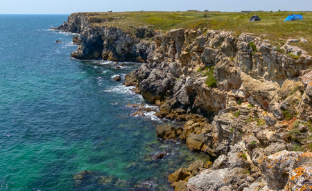 Picturesque steep banks and cliffs of the Black Sea coast near the village of Tyulenovo, Bulgariaの写真素材