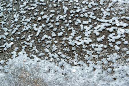 Crystals of self-precipitating common salt (sodium chloride) crystallized at the bottom of the drying Kuyalnik Estuary, Ukraineの写真素材