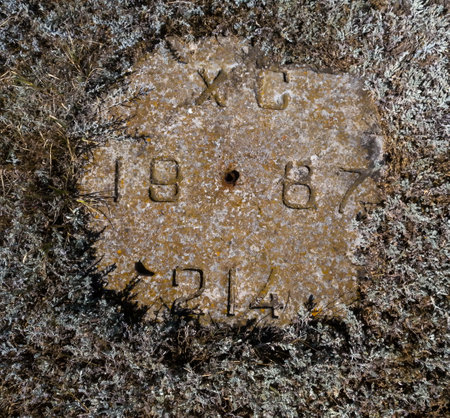 BULGARI, TIULENOVO - APRIL 02, 2013: fiducial mark with the year 1987 on the Black Sea coast near the village of Tyulenovo, Bulgariaのeditorial素材