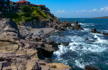 BULGARIA, SOZOPOL - AUGUST 26, 2014: houses on a cliff near Sozopol, Bulgariaのeditorial素材