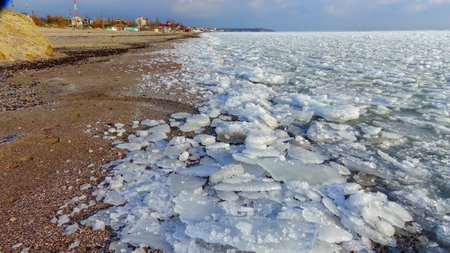 Frozen Black Sea, ice floes off the coast, Ukraineの写真素材