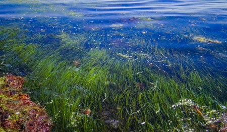 Red and Green algae and seagrass Zostera noltii in the shallow waters of the Tiligul estuary in southern Ukraineの写真素材