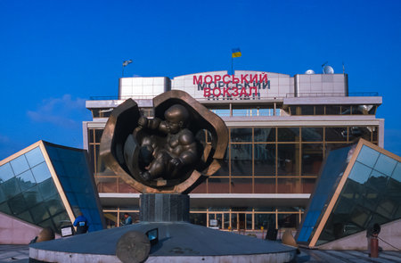 ODESSA, UKRAINE - AUGUST 2010, 25: view of the Marine Station and the BABY monument in Odessa seaportのeditorial素材