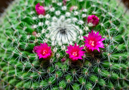 Mammillaria sp., close-up of a cactus blooming with pink flowers in springの写真素材