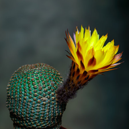 Lobivia famatimensis - cactus blooming with a yellow flower in the spring collection, Ukraineの写真素材