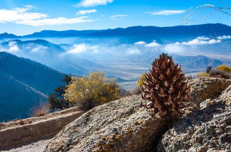 Beautiful mountain scenery on the background of clouds, layers of mountains on the horizon, Sierra...