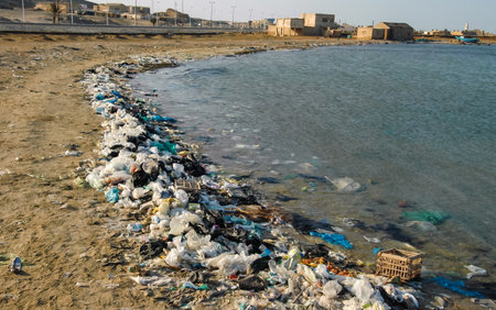 Environment of the Red Sea, Mountains of garbage on the beach away from the resort towns of Marsa Alam, Egyptの写真素材