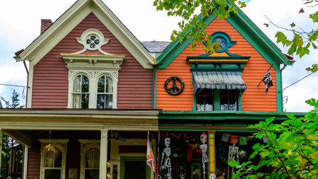 Lambertville, New Jersey - October 31, 2025: This appears to be a historic Victorian-era home featuring a Carpenter Gothic architectural style. Residents of the city decorate their homes with affection during the Halloween in Lambertville, USA