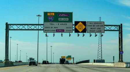 Maryland, USA - November 02, 2025: The image displays overhead gantry signs on a Maryland highway indicating a toll checkpoint for Interstate 95. Vehicles exceeding 5 tons Gross Vehicle Weight Rating (GVWR) are required to use the right lane. The signs in