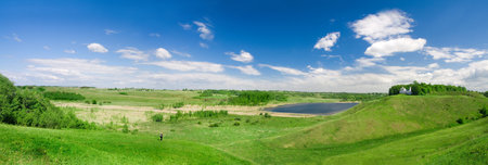 Panorama of beautiful green valley. Izborsk, Pskov region, Russia.の写真素材