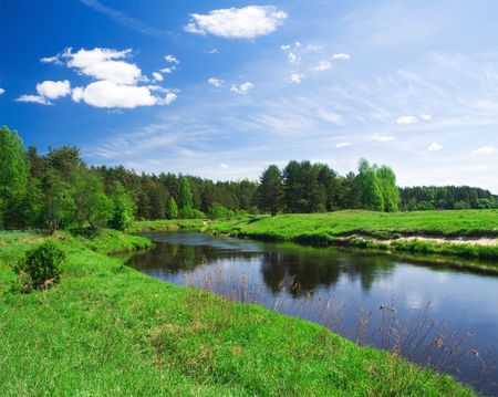 beautiful summer landscape. river and meadowの写真素材