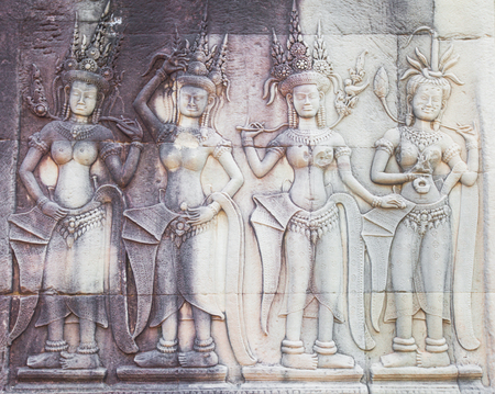 detail of stone carvings in Angkor wat, Cambodiaのeditorial素材