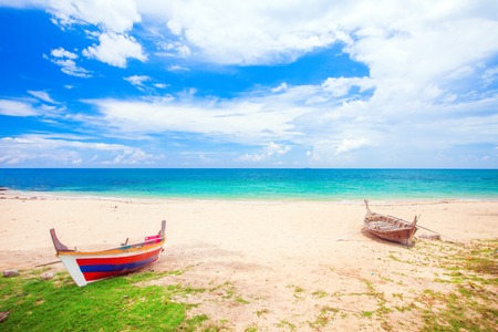 beach and fishing boat, koh Lanta, Thailandの写真素材