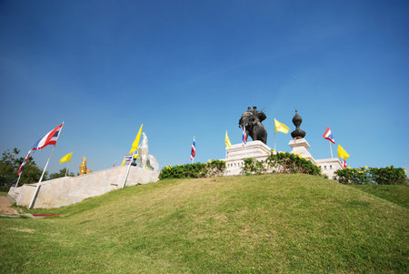 The elephant statue in the blue sky Monument of King Naresuan at Suphanburi province in Thailand のeditorial素材
