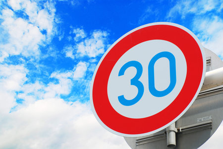 Road sign speed limit 30 on the sky