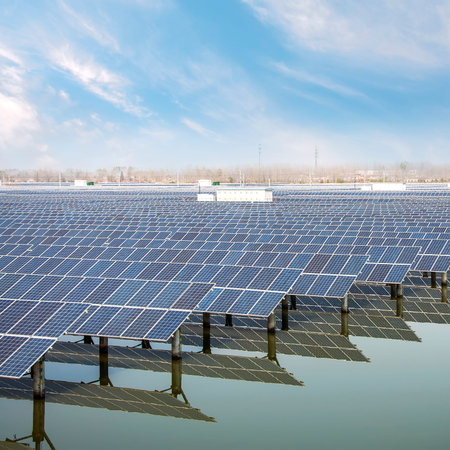 Power plant using renewable solar energy with blue sky