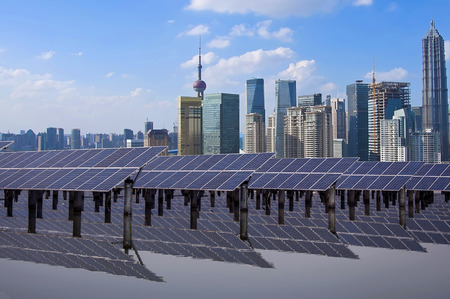 Shanghai Bund skyline landmark ,Ecological energy renewable solar panel plantのeditorial素材