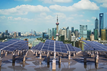 Shanghai Bund skyline landmark ,Ecological energy renewable solar panel plantのeditorial素材